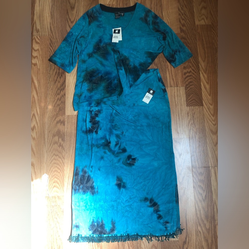 NWT Retro Boho Blue Tie dye Beaded Maxi Skirt Set w/ Button Down 1/2 sleeve Top